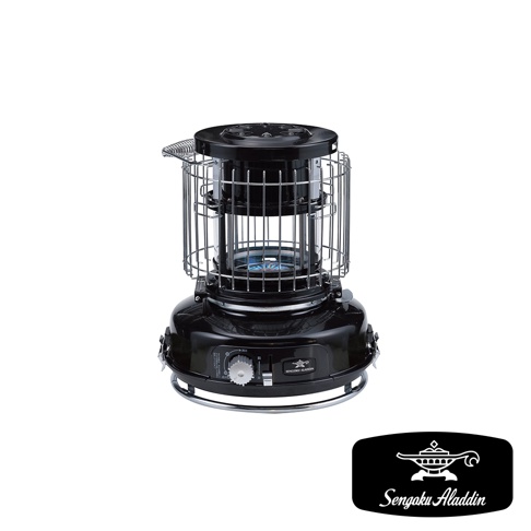 黑色卡式瓦斯暖爐，設有玻璃觀賞窗，頂部有提把，底部有銀色支架。機身設有旋鈕和品牌標誌。