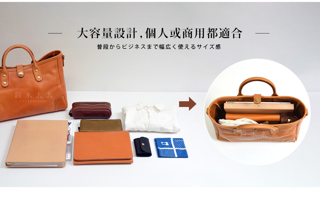皮革大容量托特包，展示其內部空間可放入筆記本、衣物、錢包、鑰匙包和手帕。