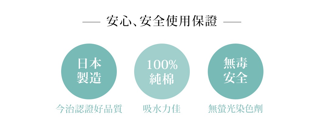 今治細絨浴巾：日本製造、100%純棉、無毒安全、吸水力佳、無螢光染色劑。