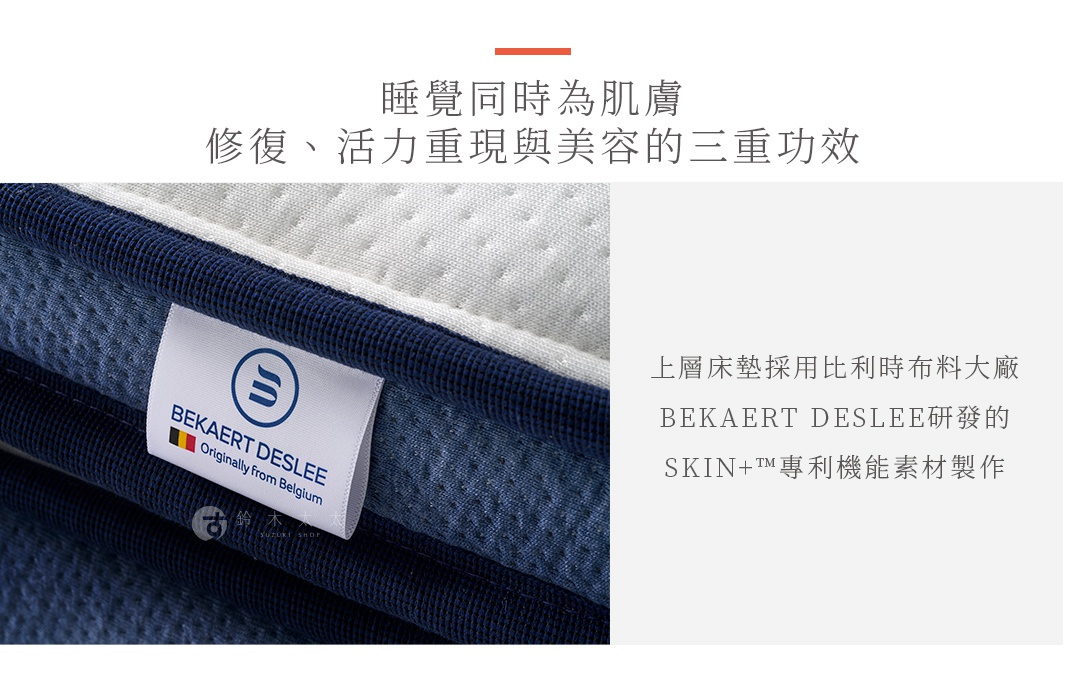 專業工藝獨立筒雙層美容床墊，特寫床墊側面，深藍色網狀織物材質，帶有白色標籤，上面印有「BEKAERT DESLEE」字樣及比利時國旗。