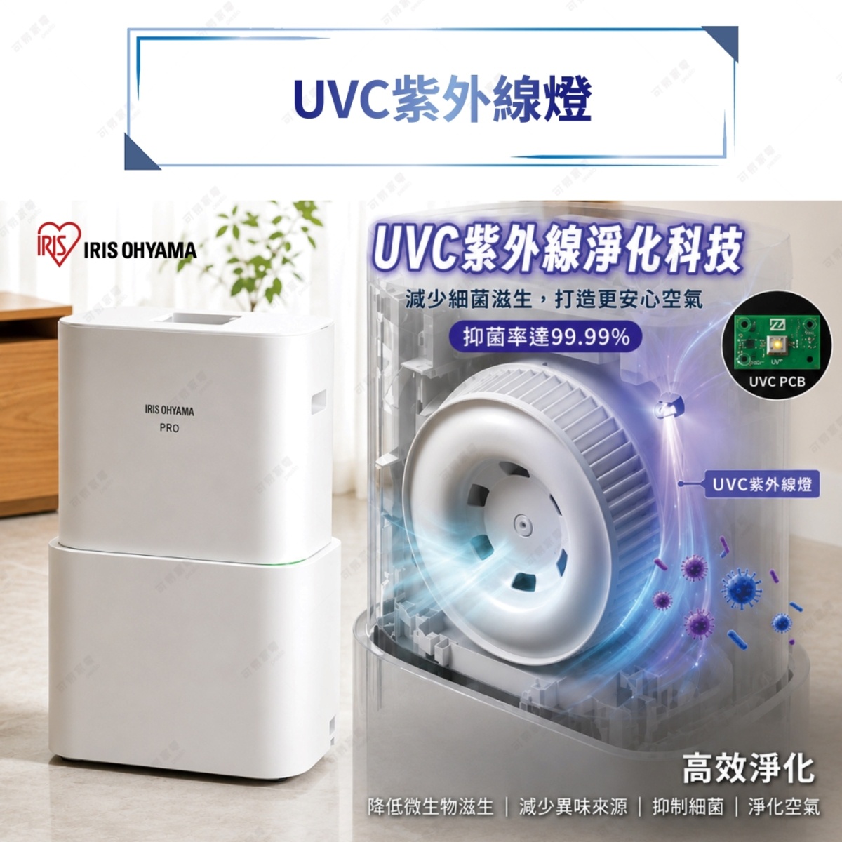 圖片文字：UVC紫外線燈，IRIS OHYAMA，UVC紫外線淨化科技，減少細菌滋生，打造更安心空氣，抑菌率達99.99%，UVC PCB，UVC紫外線燈，高效淨化，降低微生物滋生，減少異味來源，抑制細菌，淨化空氣。