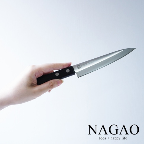 手持一把燕三條 VG-10 不鏽鋼水果刀，刀身為銀色金屬，刀柄為黑色，上面有兩個鉚釘。