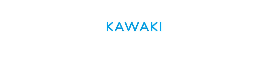 白色背景中央呈現天藍色的 KAWAKI 品牌文字標誌，字體簡潔俐落且具備現代感。