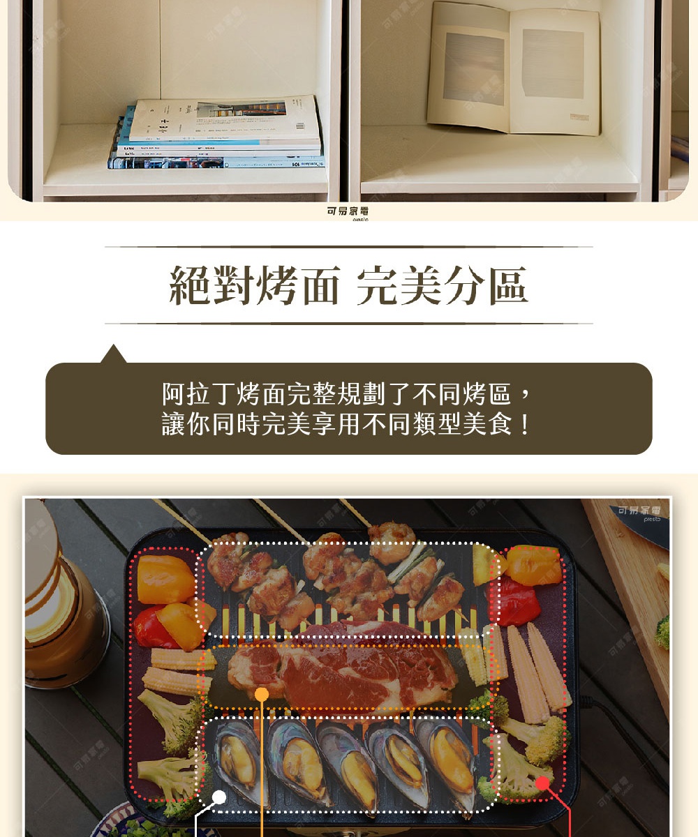 黑色迷你烤盤上烤著烤肉串、牛排、玉米筍、花椰菜和淡菜，烤盤表面佈有烤網紋路，並以虛線區隔不同烤區。