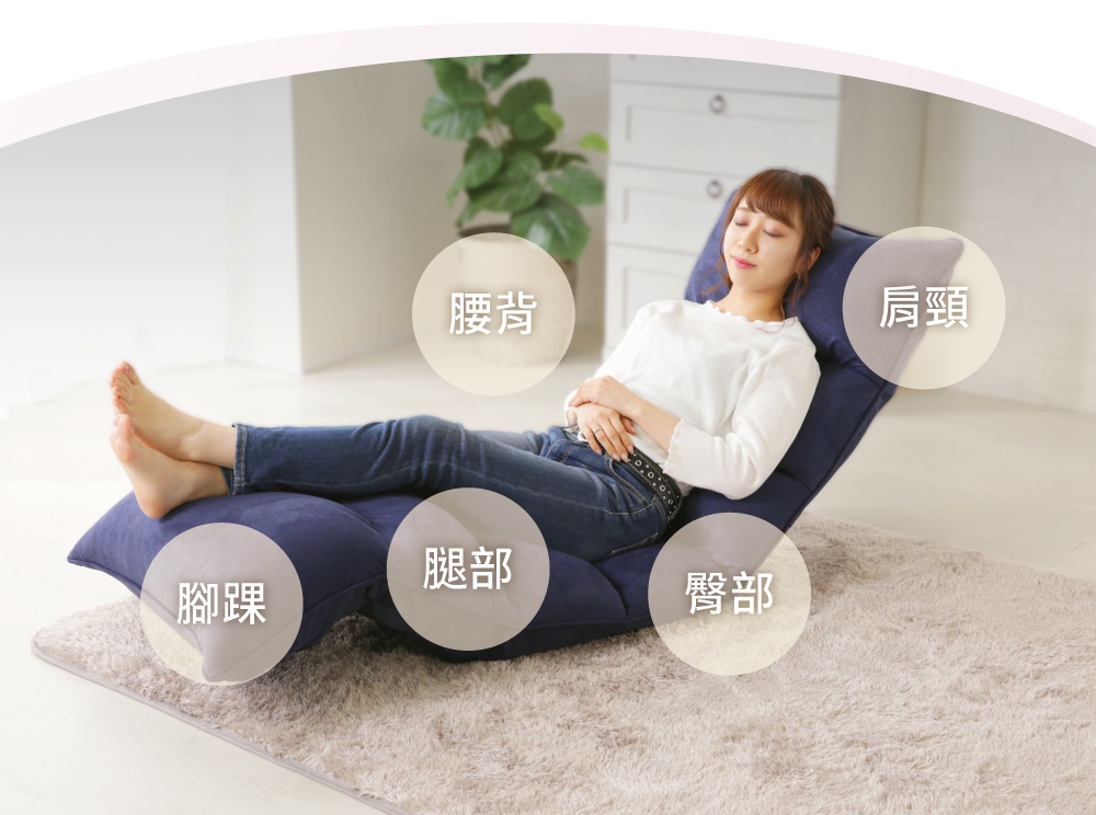 一位年輕女子舒適地斜躺在深藍色多段式紓壓單人沙發床上，雙腳自然平放在沙發延伸的底部，圖中以圓圈標示出沙發能支撐的身體部位，分別為肩頸、腰背、臀部、腿部與腳踝，展現沙發符合人體工學的設計。