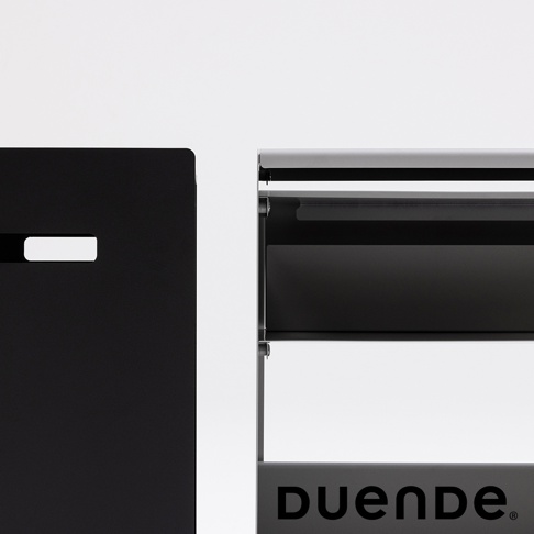 黑色金屬收納推車，有兩層黑色收納籃，側面有長方形開孔，右側框架為銀色，底部印有黑色「DUENDE」品牌標誌。