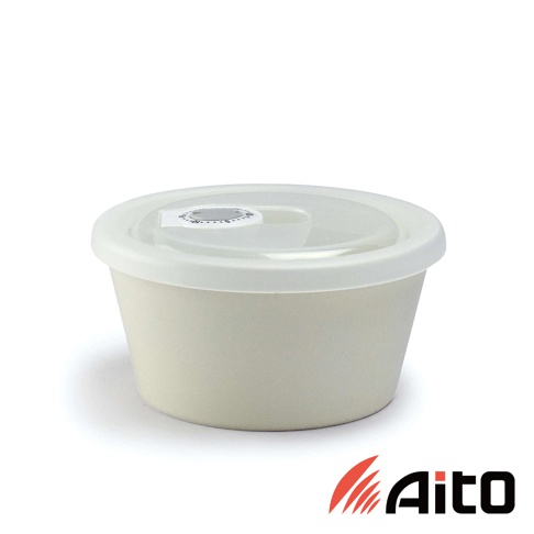 淺米色美濃燒保鮮碗，附白色透明蓋，蓋子上有日期轉盤。