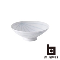 白色陶瓷平茶碗，碗內飾有細緻的淺藍色放射狀線條紋飾，碗底有白色圓形底座。