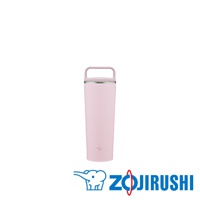 粉紅色不鏽鋼一體式杯蓋隨行保溫杯，帶有隨行把手，底部有象印Logo。