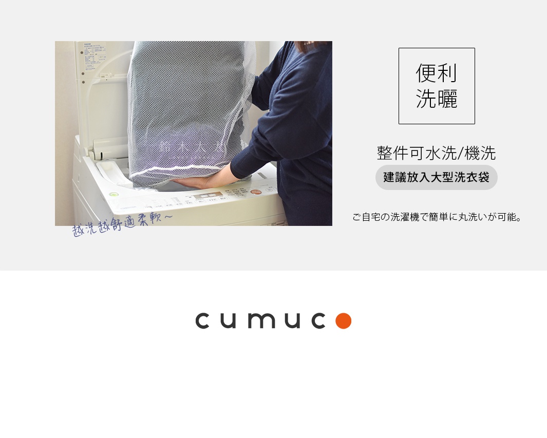 CUMUCO四層紗輕暖舒柔四季毯，展示放入洗衣袋準備機洗的畫面，強調可水洗與機洗的便利性。