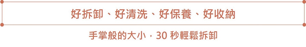 簡潔的文字說明，說明產品容易拆卸、清洗、保養和收納，尺寸如手掌大小，可於30秒內輕鬆拆卸。