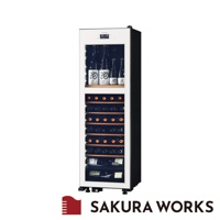 LX63 -2℃ 雙溫酒櫃，黑色外框搭配白色面板，玻璃門內有層架，展示多瓶日本清酒及紅酒。