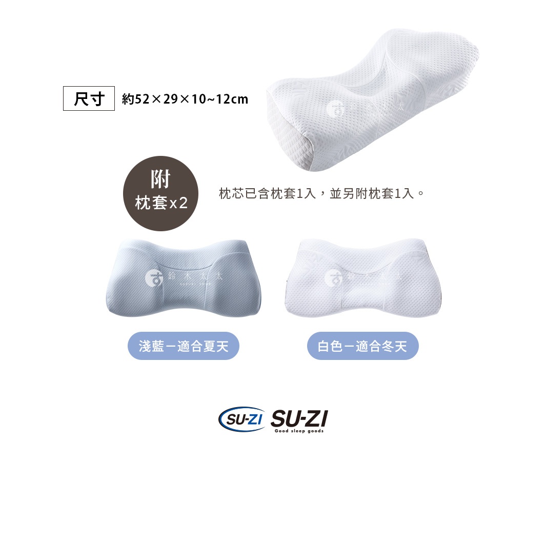 白色的SUZI止鼾枕，適合冬季使用，枕套為網眼材質，枕頭尺寸約為52x29x10~12公分
