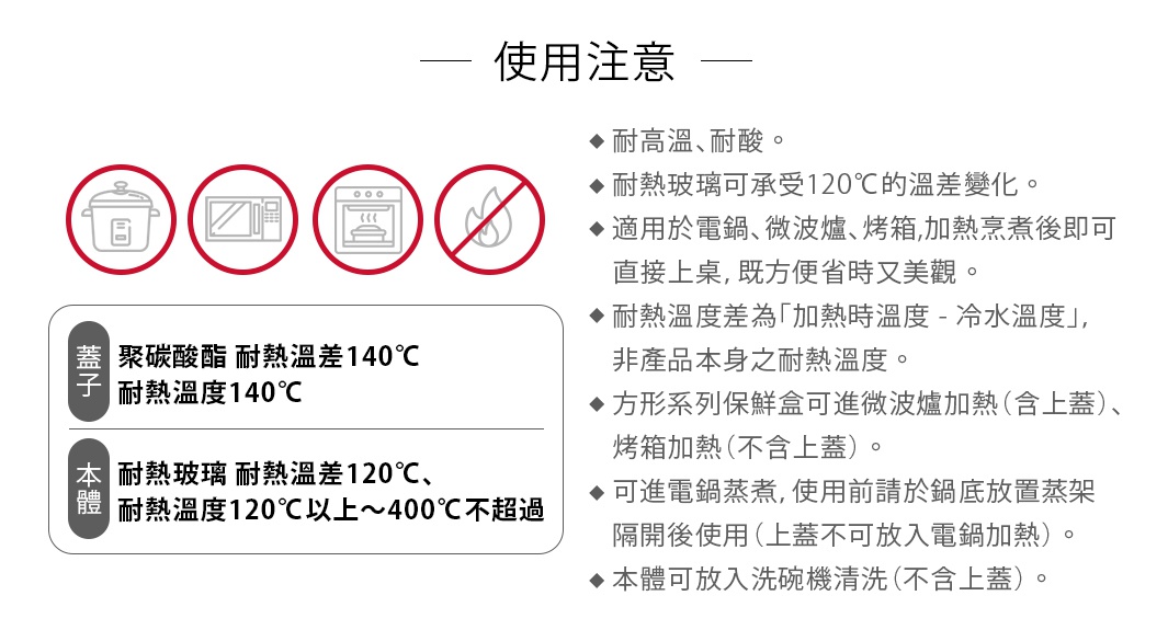 耐熱玻璃長方形微波保鮮盒，透明玻璃盒體，白色聚碳酸酯（PC）材質的蓋子，盒體耐熱溫度120°C以上，蓋子耐熱溫度140°C。