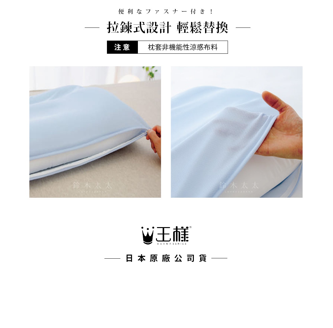 淺藍色枕套，展示拉鍊設計及材質細節。左圖為手拉動枕套拉鍊，右圖為手觸摸枕套光滑細緻的布料。