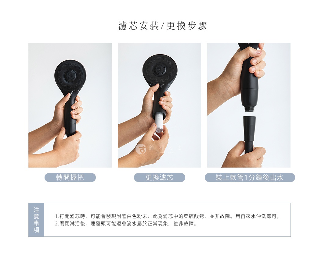 圖片文字：濾芯安裝或更換步驟，共有三張操作圖示，分別為轉開握把、更換濾芯以及裝上軟管一分鐘後出水。注意事項說明第一點，打開濾芯時若發現附著白色粉末，此為濾芯中的亞硫酸鈣，並非故障，用自來水沖洗即可。第二點，關閉淋浴後，蓮蓬頭可能還會滴水屬於正常現象，並非故障。