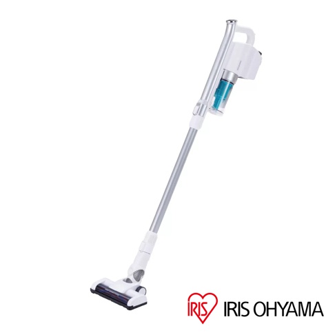 銀色金屬吸塵管連接白色主機，配備透明藍色集塵筒，前端為白色吸頭，整體為無線手持式設計。