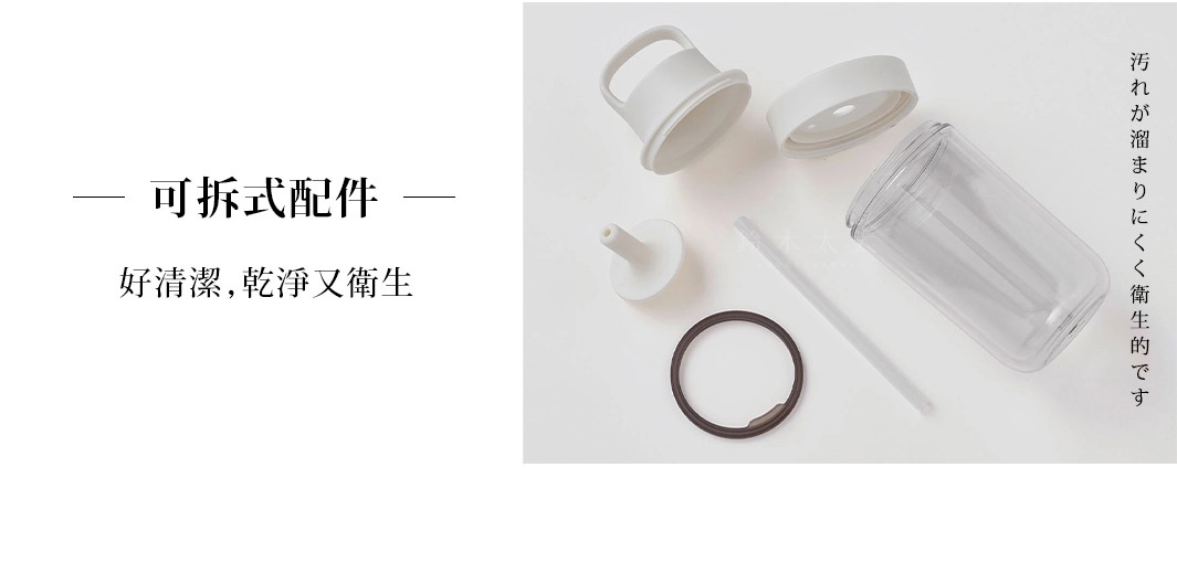 TO GO BOTTLE 雙層隨手瓶 480ml 的可拆卸配件，包含透明瓶身、白色瓶蓋、吸管、吸嘴和密封圈。