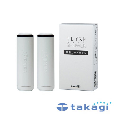 兩支白色圓柱狀的 takagi KIREIST 真淨水蓮蓬頭專用除氯濾芯，旁邊擺放著印有產品名稱與使用說明圖示的白色紙盒，下方則標示著 takagi 的品牌商標。