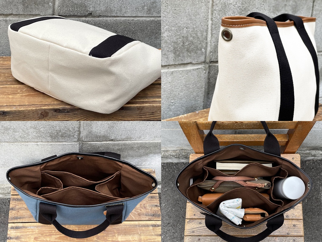 高島帆布多口袋手提托特包，展示了米白色帆布包身搭配黑色織帶，以及藍色帆布包的內部結構，有豐富的隔層，可放置書籍、錢包、化妝品等物品。