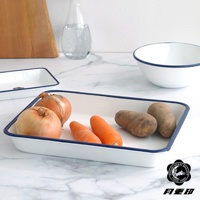 白色琺瑯調理盤，邊緣飾有藍色細線，盤中擺放著兩顆洋蔥、兩根胡蘿蔔和兩顆馬鈴薯。