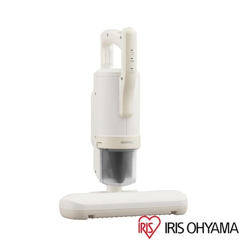 白色IRIS OHYAMA雙氣旋智能偵測除塵蟎機，配備銀色握把及透明集塵筒，底部為寬扁的吸頭，整體為簡約的家電設計。