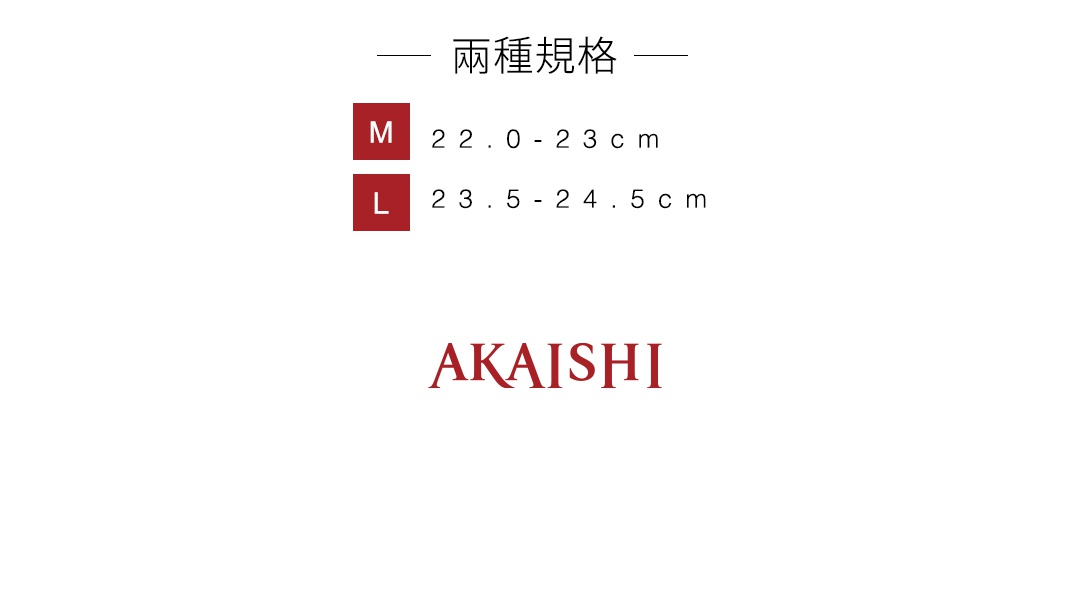 紅色方框標示「M」與「L」，分別對應 22.0-23.0 公分和 23.5-24.5 公分的尺寸，下方為「AKAISHI」品牌名稱。