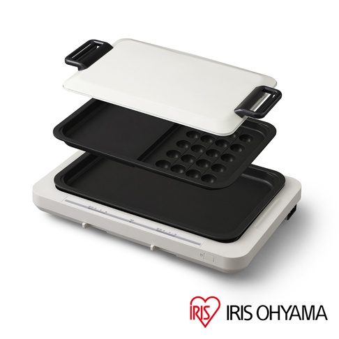 左右溫控電烤盤 WHP-012，展示了白色上蓋、黑色烤盤和章魚燒烤盤，烤盤由黑色材質製成，電烤盤主體為白色，整體設計簡潔。