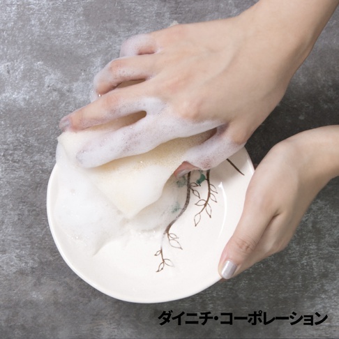 雙手正用白色與黃色相間的海綿清潔白色盤子，盤子上有棕色樹枝圖案，充滿泡沫。