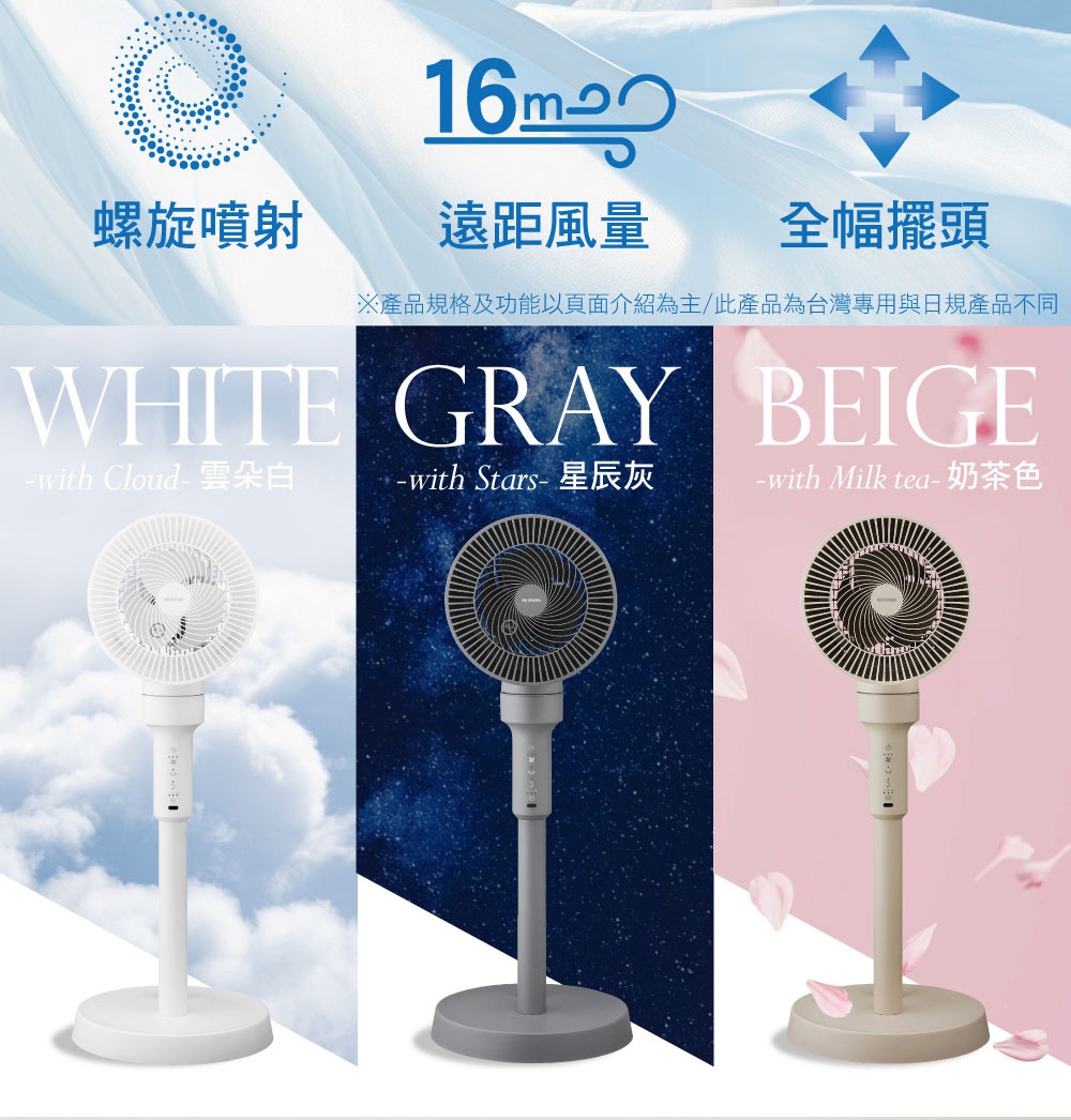 直立式落地換氣風扇，共三色：雲朵白、星辰灰、奶茶色。圓形扇葉，白色、灰色、米色扇體，搭配可遙控的直立式設計。