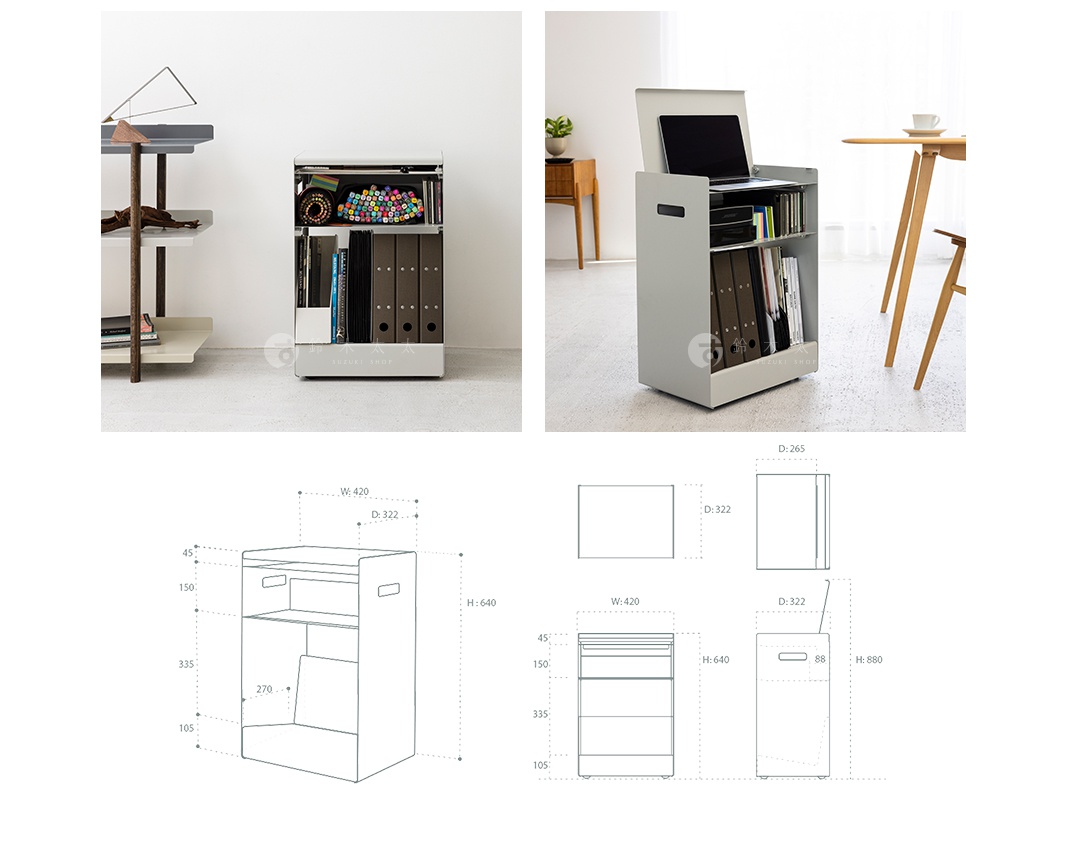 白色或淺灰色鋼製收納推車，配有三個開放式層架，頂部可放置筆記型電腦，下方層架擺放文件夾和文具，推車側面有把手，底部有輪子。
