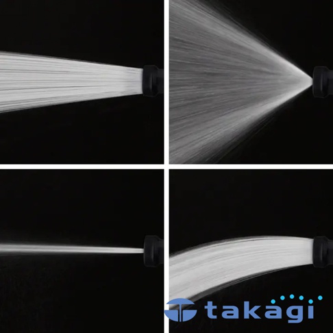 takagi 品牌標誌及穩定灑水組 Mercury 2 Twister 20m RT220CG7 的四種噴灑模式展示