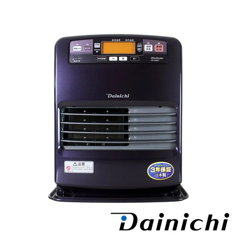 皇家紫 Dainichi 電子式煤油暖氣機 FW-33KET，機身為光滑的塑膠材質，設有銀色柵欄式出風口，上方有數位顯示螢幕、控制按鈕及品牌標誌。