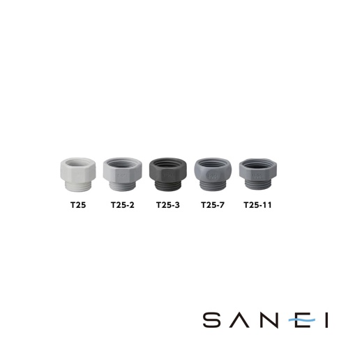 多個不同尺寸的白色和灰色噴頭配件，下方標示著 T25、T25-2、T25-3、T25-7 和 T25-11，右下角有 SANEI 品牌標誌
