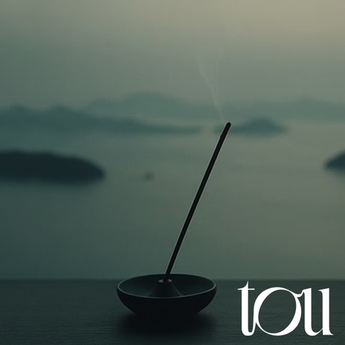 畫面中央擺放一個黑色極簡造型的線香盤，一支點燃的線香正緩緩升起細緻的煙霧，背景呈現瀨戶內海靜謐的山水朦朧美景，畫面右下方印有白色細緻的品牌標誌 tou，整體營造出沉靜放鬆的日式香氛氛圍。