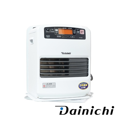 日本Dainichi FW-33KET電子式煤油暖氣機，白色機身，配備數位顯示螢幕與按鈕，下方為黑色網狀出風口，右側有3年保證日本製造貼紙。