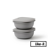 簡約雙層蒸氣循環保鮮盒2入組，灰色，方形設計，帶有圓角邊緣和密封蓋，由塑膠製成。