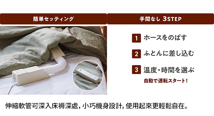 recolte 麗克特 烘被機，展示使用步驟，包括延伸軟管、插入棉被，以及選擇溫度與時間。