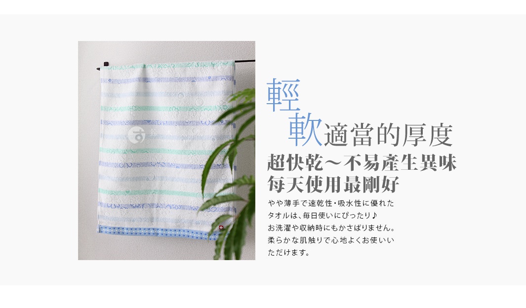 今治小花毛巾，以藍色、淺綠色和白色條紋交織，帶有小花圖案織紋，材質柔軟，觸感舒適。