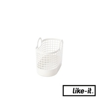 白色手提式網格洗衣籃，由塑膠製成，具有圓形提把和透氣網格設計，底部為實心。