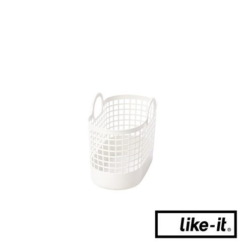 白色手提式網格洗衣籃，由塑膠製成，具有圓形提把和透氣網格設計，底部為實心。