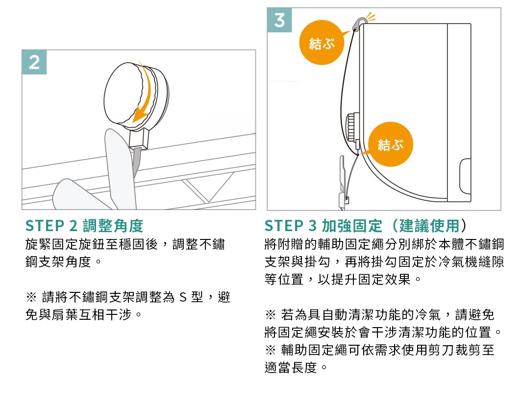 圖片文字：STEP 2 調整角度，旋緊固定旋鈕至穩固後，調整不鏽鋼支架角度。請將不鏽鋼支架調整為 S 型，避免與扇葉互相干涉。STEP 3 加強固定（建議使用），將附贈的輔助固定繩分別綁於本體不鏽鋼支架與掛勾，再將掛勾固定於冷氣機縫隙等位置，以提升固定效果。若為具自動清潔功能的冷氣，請避免將固定繩安裝於會干涉清潔功能的位置。輔助固定繩可依需求使用剪刀裁剪至適當長度。