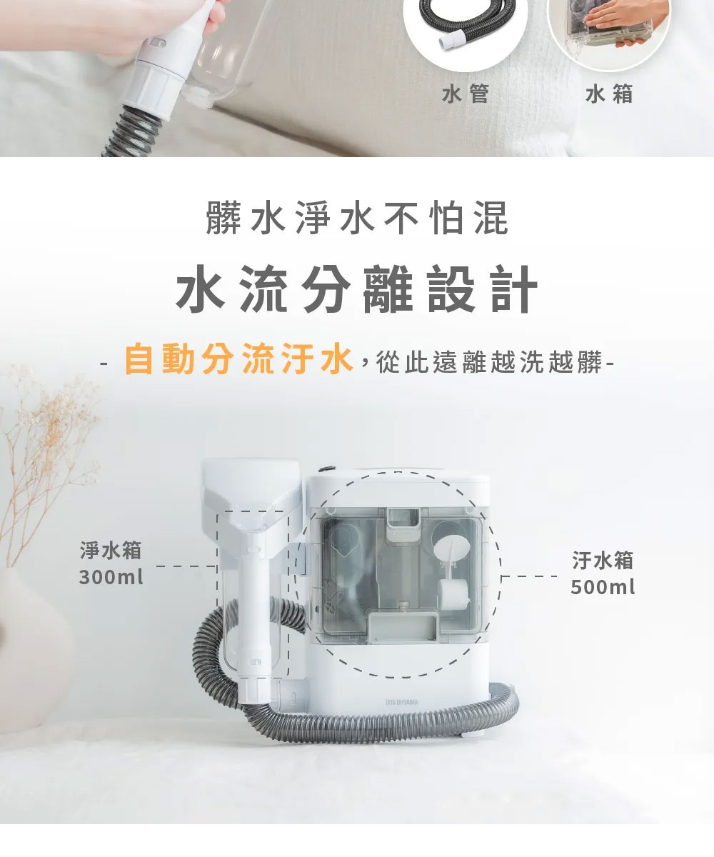 白色寬頭版織物清潔機，配有透明淨水箱（300ml）和透明污水箱（500ml），機身帶有灰色波紋軟管。