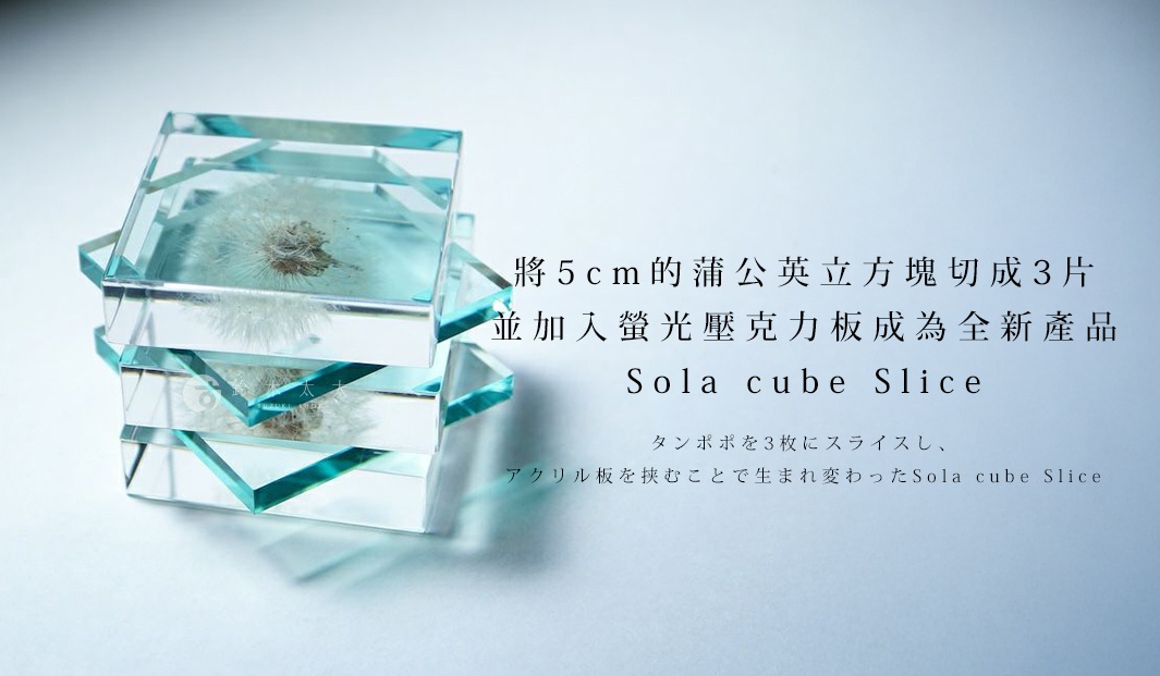 將5cm的蒲公英立方塊切成3片並加入螢光壓克力板成為全新產品 - Sola cube Slice

タンポポを3枚にスライスし、アクリル板を挟むことで生まれ変わったSola cube Slice
