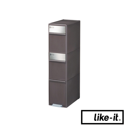 深棕色三層分類垃圾桶，有銀色標籤和踏板，容量55公升。