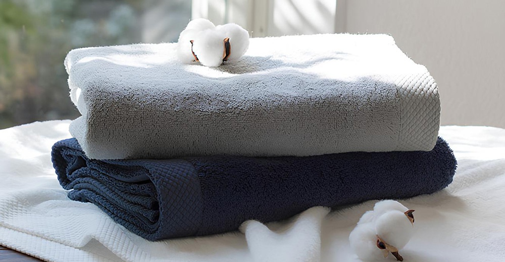 疊放在一起的灰色和深藍色毛巾，上面和旁邊放著棉花。