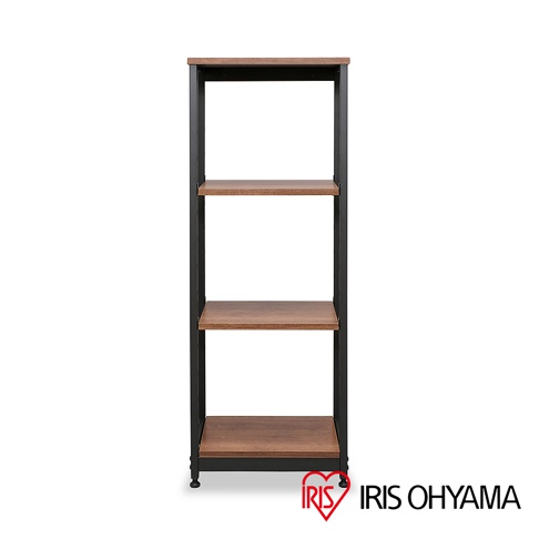 鐵木層架，四層窄型設計，設有四個木紋層板，搭配黑色金屬框架，簡約實用。