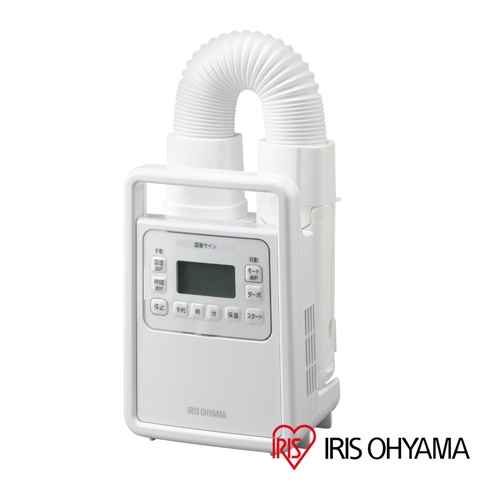 白色IRIS OHYAMA強力被褥乾燥機FK-H1，具有可彎曲的白色軟管，機身正面有黑色螢幕、多個按鈕及品牌標誌。