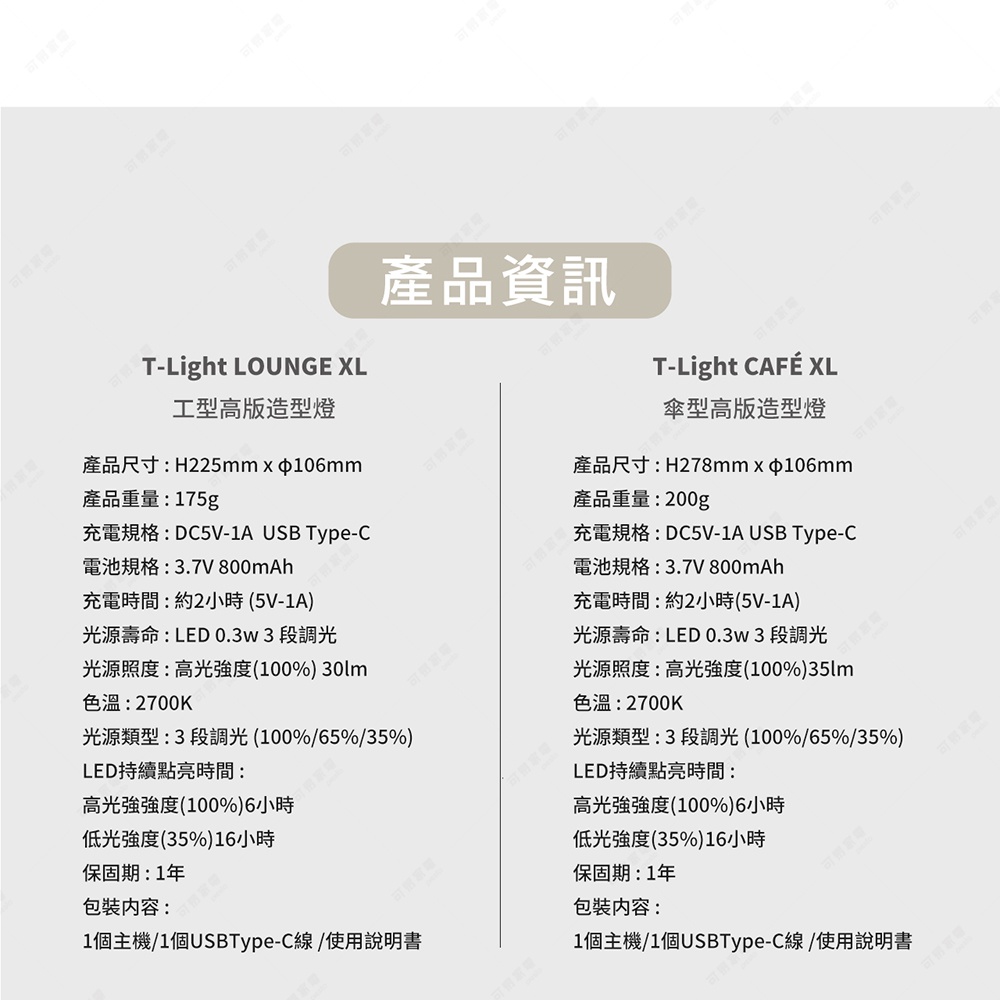 LED T-Light LOUNGE XL 工型高版造型燈，產品尺寸H225mm x Φ106mm，重量175g，使用USB Type-C充電，內建3.7V 800mAh電池，光源壽命LED 0.3w，亮度30lm，色溫2700K，具備三段調光功能。