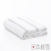 今治輕柔橫條浴巾，白色底布搭配灰色橫條紋，觸感柔軟，質料輕盈。